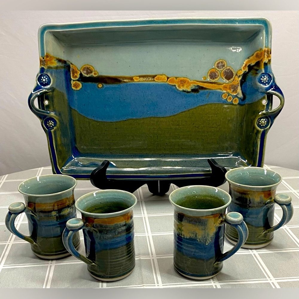 Pottery Serving Tray Platter Coffee Mugs Cups  Artisan Made Signed
